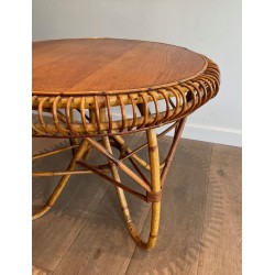 Round Rattan Coffee Table with Arched Base, in the Style of Franco Albini, Italy c.1950