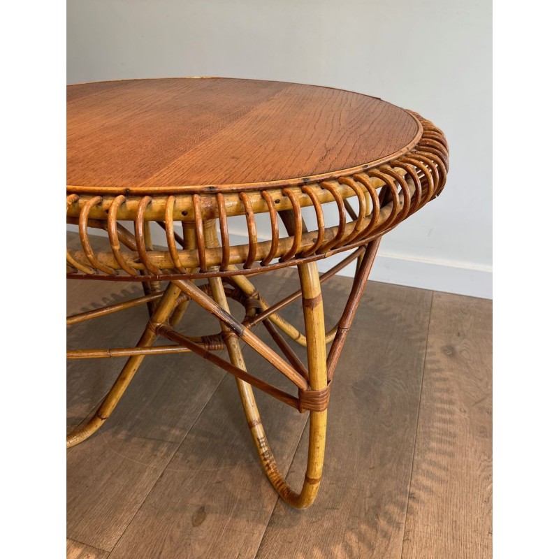 Table Basse Ronde en Rotin à Base Arquée, dans le Goût de Franco Albini, Italie vers 1950