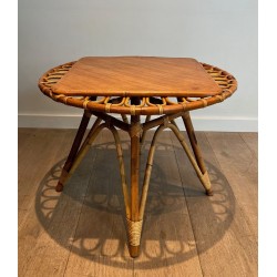 Table Basse Trampoline Ronde en Rotin à Plateau Bois Inscrit, France vers 1950