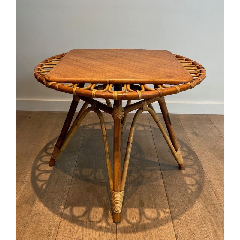 Table Basse Trampoline Ronde en Rotin à Plateau Bois Inscrit, France vers 1950