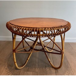 Table Basse Ronde en Rotin à Base Arquée, dans le Goût de Franco Albini, Italie vers 1950