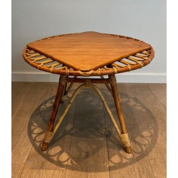 Table Basse Trampoline Ronde en Rotin à Plateau Bois Inscrit, France vers 1950
