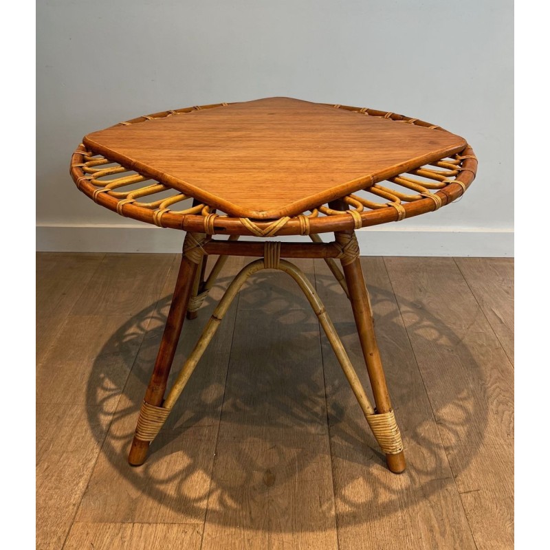Table Basse Trampoline Ronde en Rotin à Plateau Bois Inscrit, France vers 1950