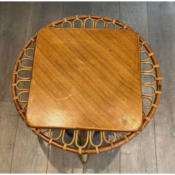 Table Basse Trampoline Ronde en Rotin à Plateau Bois Inscrit, France vers 1950