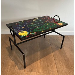 Black Iron Coffee Table with Ceramic Marine Scene Top, in the Style of Jacques Adnet, c.1950