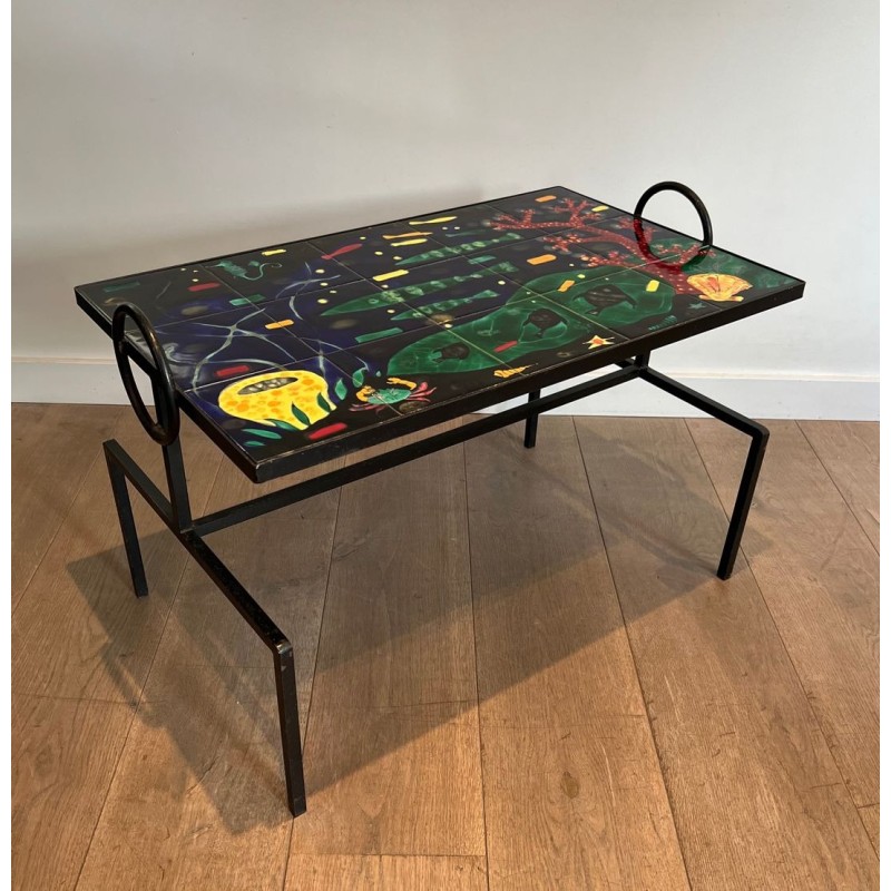 Table Basse en Fer Laqué Noir à Céramique Marine, dans le Goût de Jacques Adnet, France v.1950