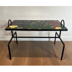 Table Basse en Fer Laqué Noir à Céramique Marine, dans le Goût de Jacques Adnet, France v.1950