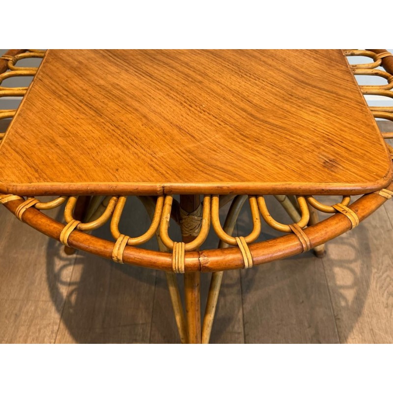 Table Basse Trampoline Ronde en Rotin à Plateau Bois Inscrit, France vers 1950
