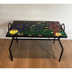 Table Basse en Fer Laqué Noir à Céramique Marine, dans le Goût de Jacques Adnet, France v.1950