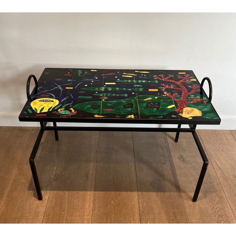 Table Basse en Fer Laqué Noir à Céramique Marine, dans le Goût de Jacques Adnet, France v.1950