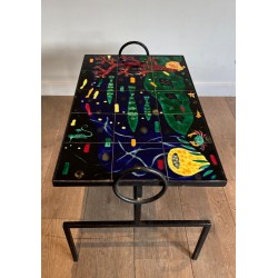 Table Basse en Fer Laqué Noir à Céramique Marine, dans le Goût de Jacques Adnet, France v.1950