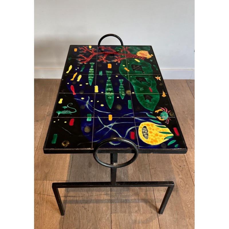 Table Basse en Fer Laqué Noir à Céramique Marine, dans le Goût de Jacques Adnet, France v.1950