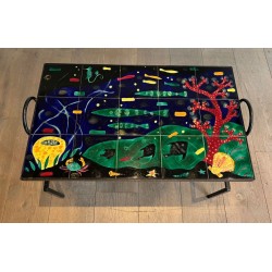Table Basse en Fer Laqué Noir à Céramique Marine, dans le Goût de Jacques Adnet, France v.1950