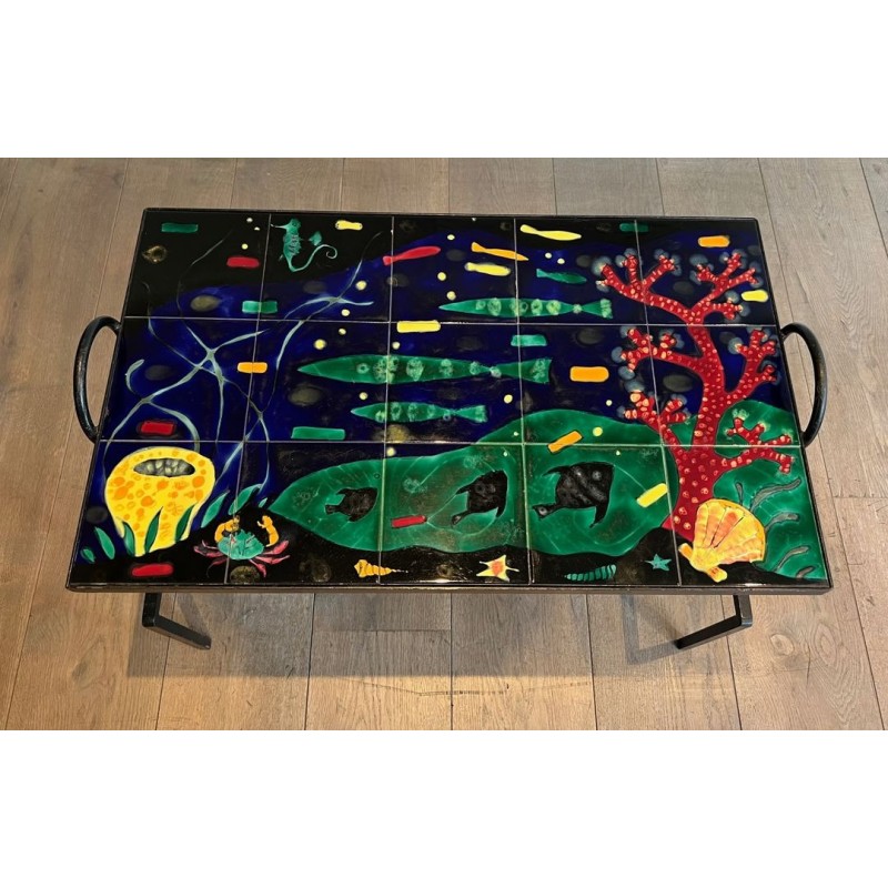 Table Basse en Fer Laqué Noir à Céramique Marine, dans le Goût de Jacques Adnet, France v.1950