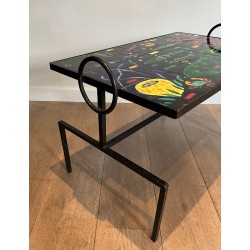 Table Basse en Fer Laqué Noir à Céramique Marine, dans le Goût de Jacques Adnet, France v.1950