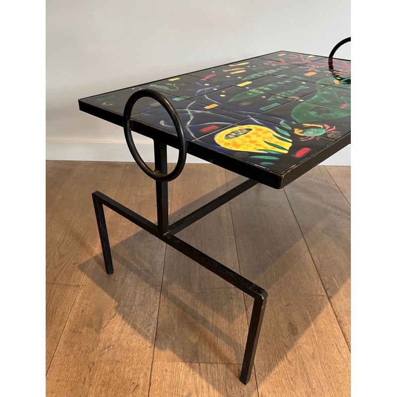 Table Basse en Fer Laqué Noir à Céramique Marine, dans le Goût de Jacques Adnet, France v.1950