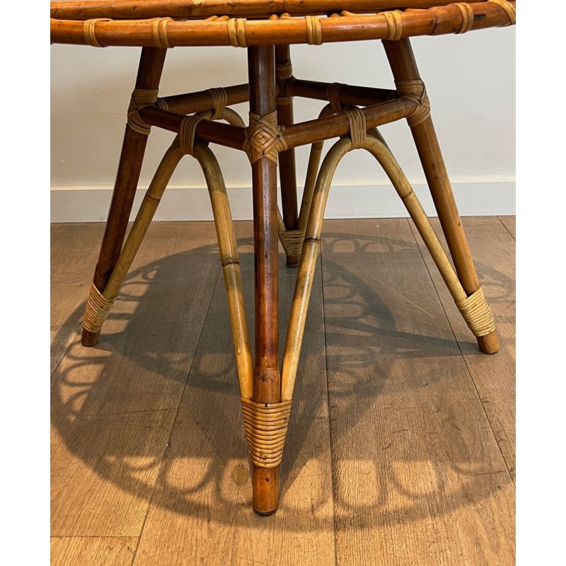 Table Basse Trampoline Ronde en Rotin à Plateau Bois Inscrit, France vers 1950