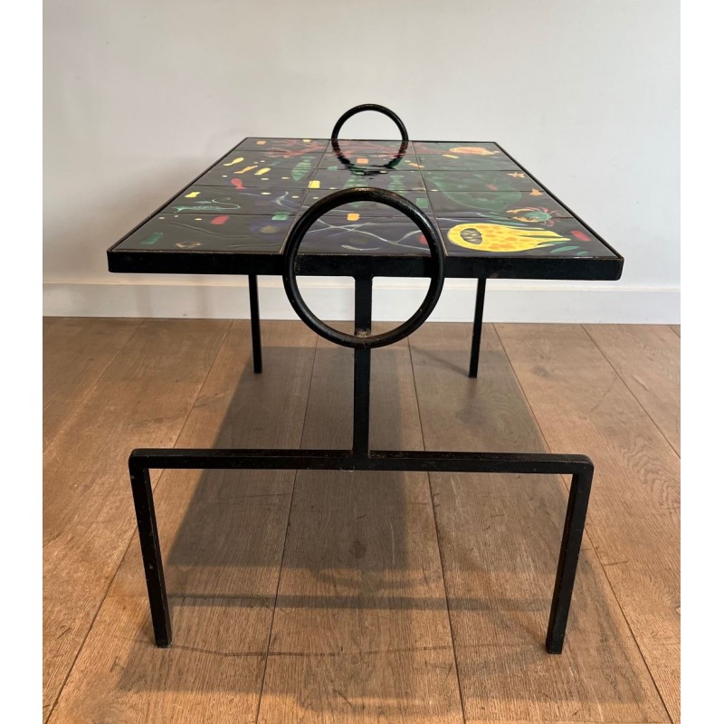 Table Basse en Fer Laqué Noir à Céramique Marine, dans le Goût de Jacques Adnet, France v.1950