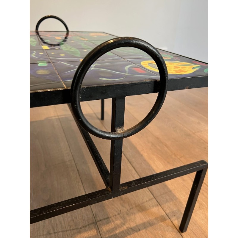Table Basse en Fer Laqué Noir à Céramique Marine, dans le Goût de Jacques Adnet, France v.1950