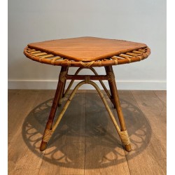 Table Basse Trampoline Ronde en Rotin à Plateau Bois Inscrit, France vers 1950