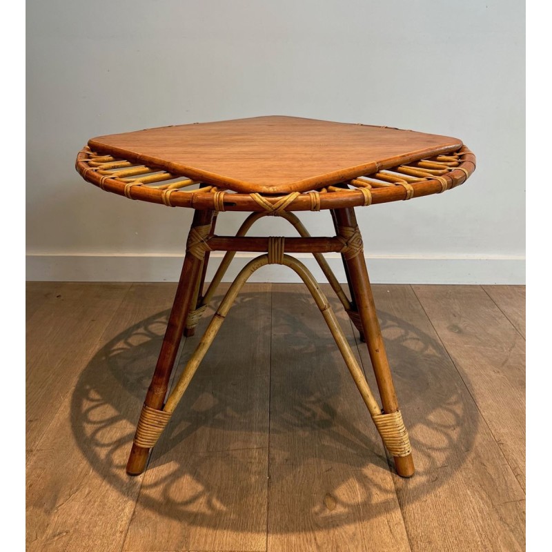 Table Basse Trampoline Ronde en Rotin à Plateau Bois Inscrit, France vers 1950