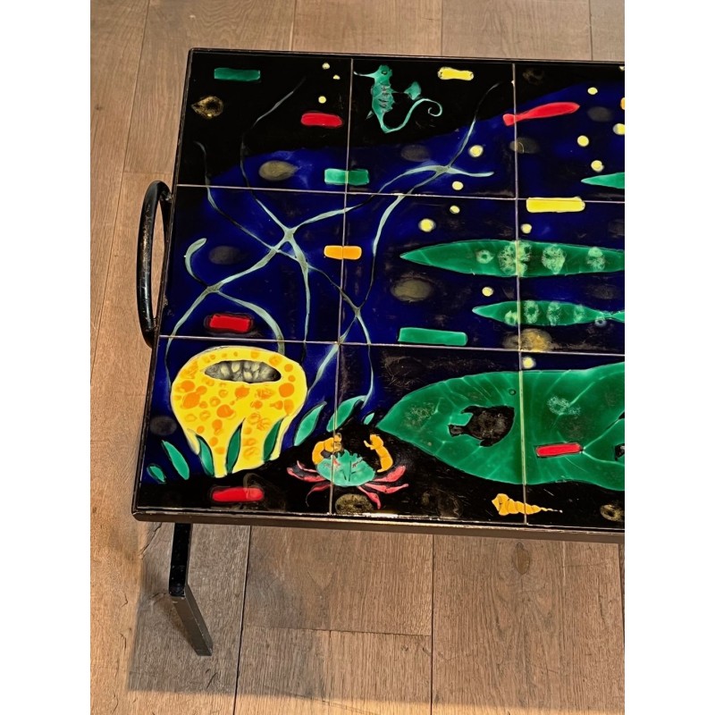 Table Basse en Fer Laqué Noir à Céramique Marine, dans le Goût de Jacques Adnet, France v.1950