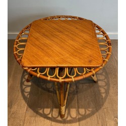 Table Basse Trampoline Ronde en Rotin à Plateau Bois Inscrit, France vers 1950