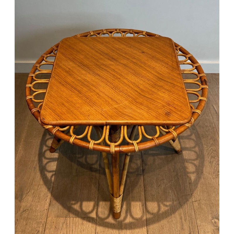Table Basse Trampoline Ronde en Rotin à Plateau Bois Inscrit, France vers 1950