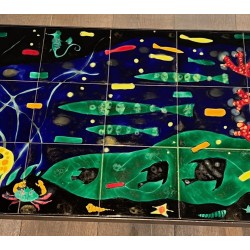 Table Basse en Fer Laqué Noir à Céramique Marine, dans le Goût de Jacques Adnet, France v.1950