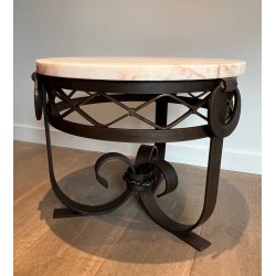 Art Déco Wrought & Hammered Iron Guéridon with White Marble Top, France circa 1940