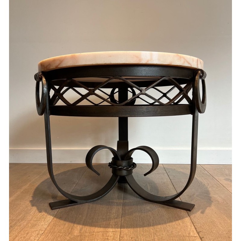 Art Déco Wrought & Hammered Iron Guéridon with White Marble Top, France circa 1940