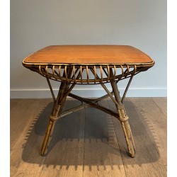 Square Rattan Coffee Table with Cane Top and Splayed Legs, France circa 1950