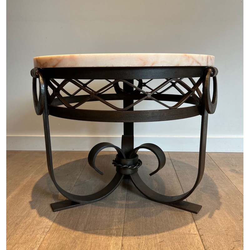 Art Déco Wrought & Hammered Iron Guéridon with White Marble Top, France circa 1940