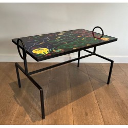 Table Basse en Fer Laqué Noir à Céramique Marine, dans le Goût de Jacques Adnet, France v.1950
