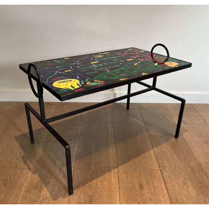Table Basse en Fer Laqué Noir à Céramique Marine, dans le Goût de Jacques Adnet, France v.1950