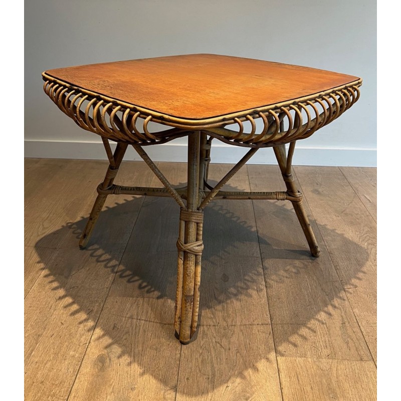Table Basse Carrée en Rotin à Plateau Canné et Pieds Évasés, France vers 1950