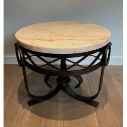 Guéridon Art Déco en Fer Forgé et Martelé à Plateau de Marbre Blanc