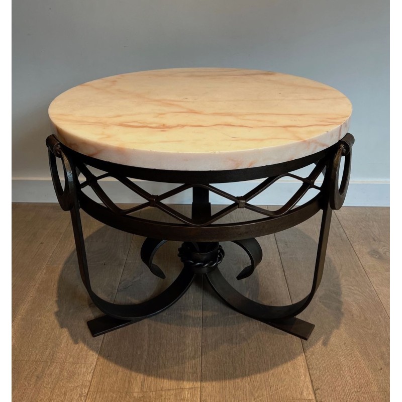 Art Déco Wrought & Hammered Iron Guéridon with White Marble Top, France circa 1940