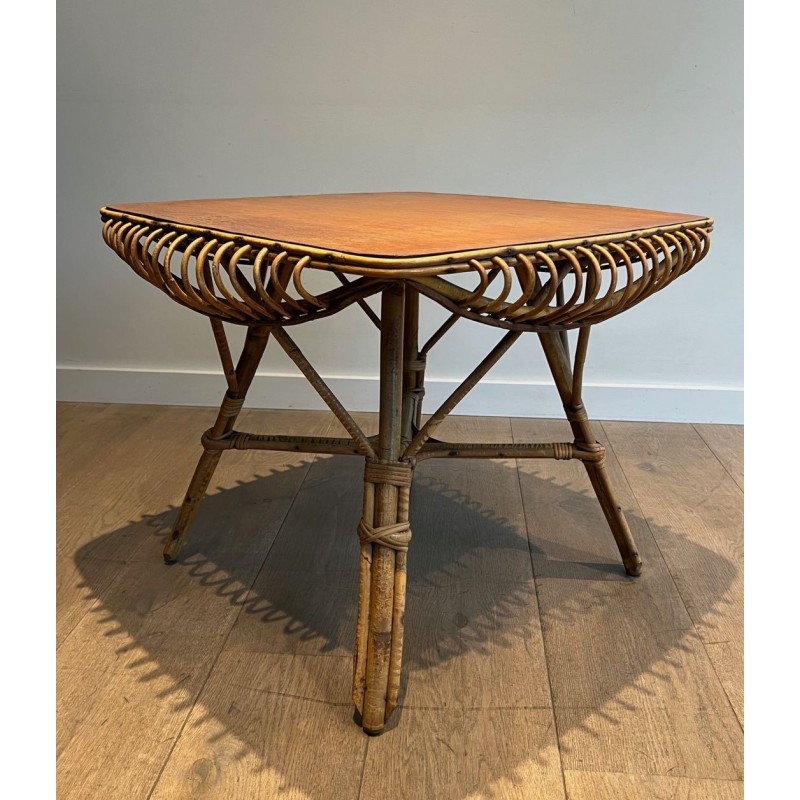 Table Basse Carrée en Rotin à Plateau Canné et Pieds Évasés, France vers 1950