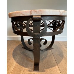 Art Déco Wrought & Hammered Iron Guéridon with White Marble Top, France circa 1940