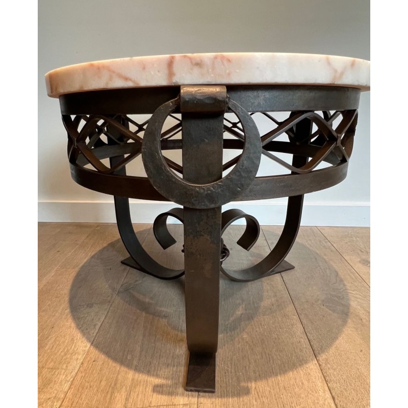 Art Déco Wrought & Hammered Iron Guéridon with White Marble Top, France circa 1940