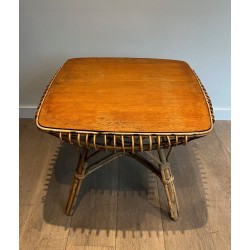 Table Basse Carrée en Rotin à Plateau Canné et Pieds Évasés, France vers 1950