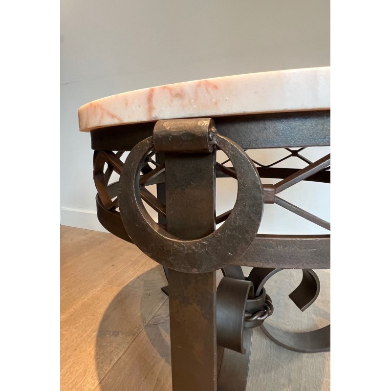 Art Déco Wrought & Hammered Iron Guéridon with White Marble Top, France circa 1940