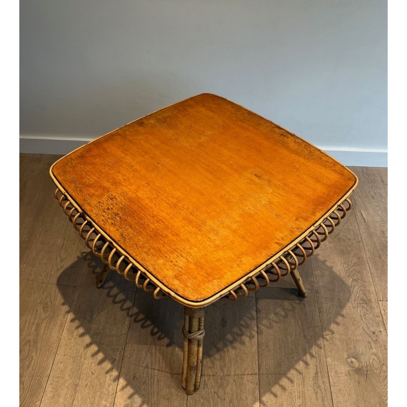 Square Rattan Coffee Table with Cane Top and Splayed Legs, France circa 1950