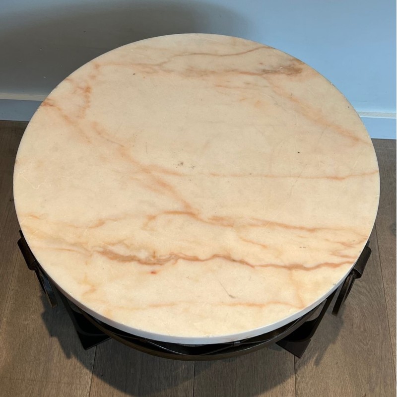 Guéridon Art Déco en Fer Forgé et Martelé à Plateau de Marbre Blanc