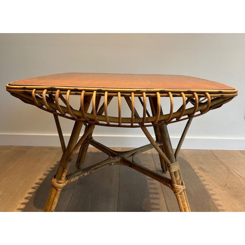 Table Basse Carrée en Rotin à Plateau Canné et Pieds Évasés, France vers 1950