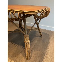 Square Rattan Coffee Table with Cane Top and Splayed Legs, France circa 1950