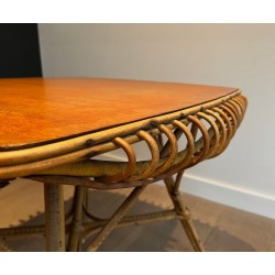 Table Basse Carrée en Rotin à Plateau Canné et Pieds Évasés, France vers 1950
