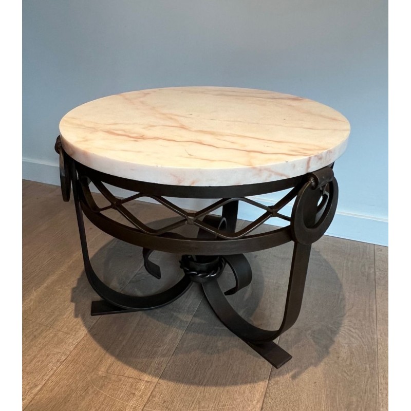 Art Déco Wrought & Hammered Iron Guéridon with White Marble Top, France circa 1940