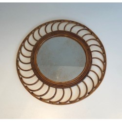 Miroir Rond en Rotin à Cadre de Boucles Arquées, France vers 1970